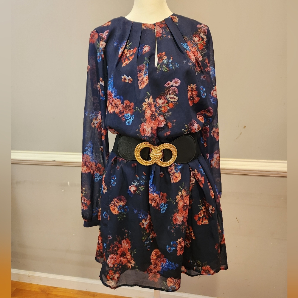 Navy Floral Dress With Sheer Sleeves